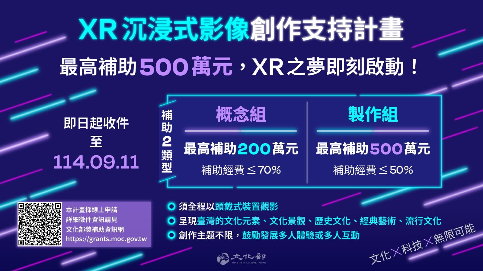 「XR沉浸式影像創作支持計畫」即日起至9月11日受理線上申請。.jpeg